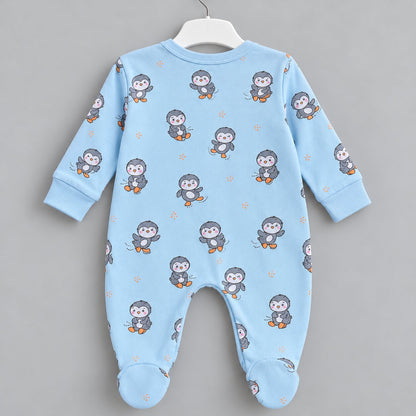 PixyBoo Powder Blue Penguin Printed Full Sleeve Footed Sleepsuit