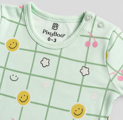 PixyBoo Smiley Grid Print Baby Romper | 100% Cotton Interlock | Half Sleeve Onesie | 0-12 Months