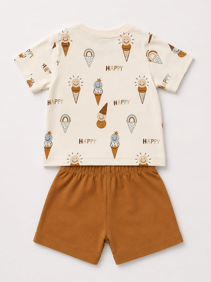 PixyBoo Happy Ice Cream Print Baby Boys Co-ord Set | 100% Cotton Interlock T-Shirt & Shorts | 0-24 Months