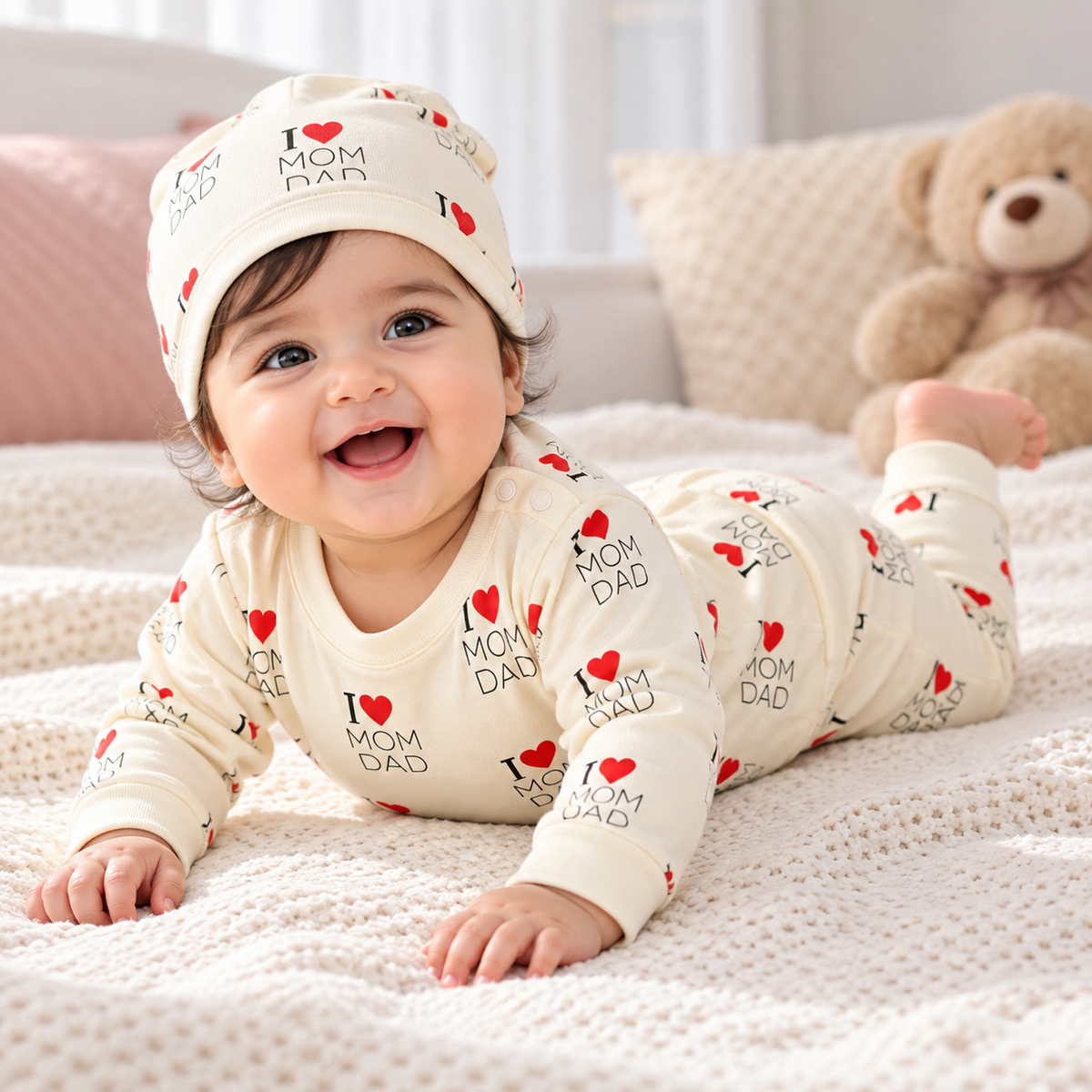 PixyBoo Baby I Love Mom Dad Heart Print Top, Pants & Cap Set – 3 Months to 2 Years