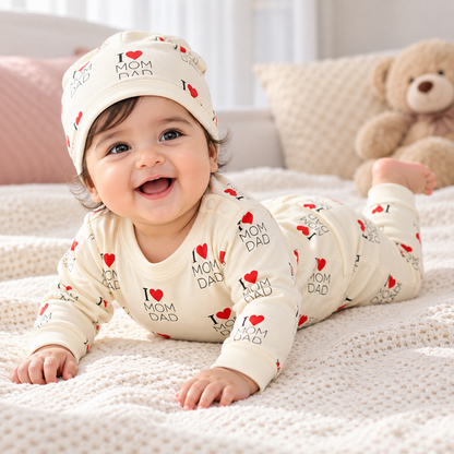 PixyBoo Baby I Love Mom Dad Heart Print Top, Pants & Cap Set – 3 Months to 2 Years