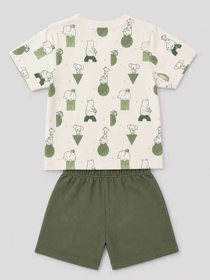 PixyBoo Olive Animal Print Baby Boys Co-ord Set | Cotton Interlock T-Shirt & Shorts | 0-24 Months