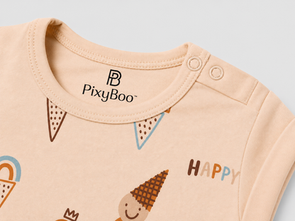 PixyBoo Happy Ice Cream Print Baby Romper | Cotton Interlock  Onesie | 0-12 Months