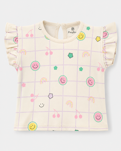 PixyBoo Smiley Grid Baby Girls Co-ord Set | Cotton Interlock Top & Shorts | 0-24 Months