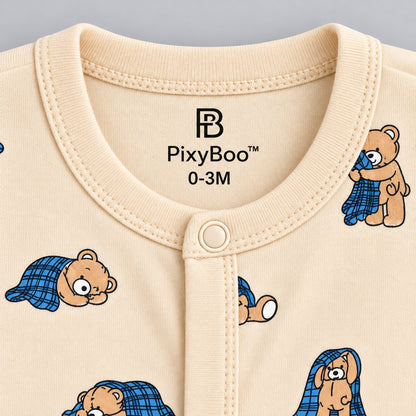PixyBoo Cream Teddy Bear Printed Full Sleeve Footed Sleepsuit