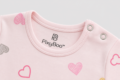 PixyBoo Heart Print Baby Romper | 100% Cotton Interlock | Half Sleeve Onesie | 0-12 Months