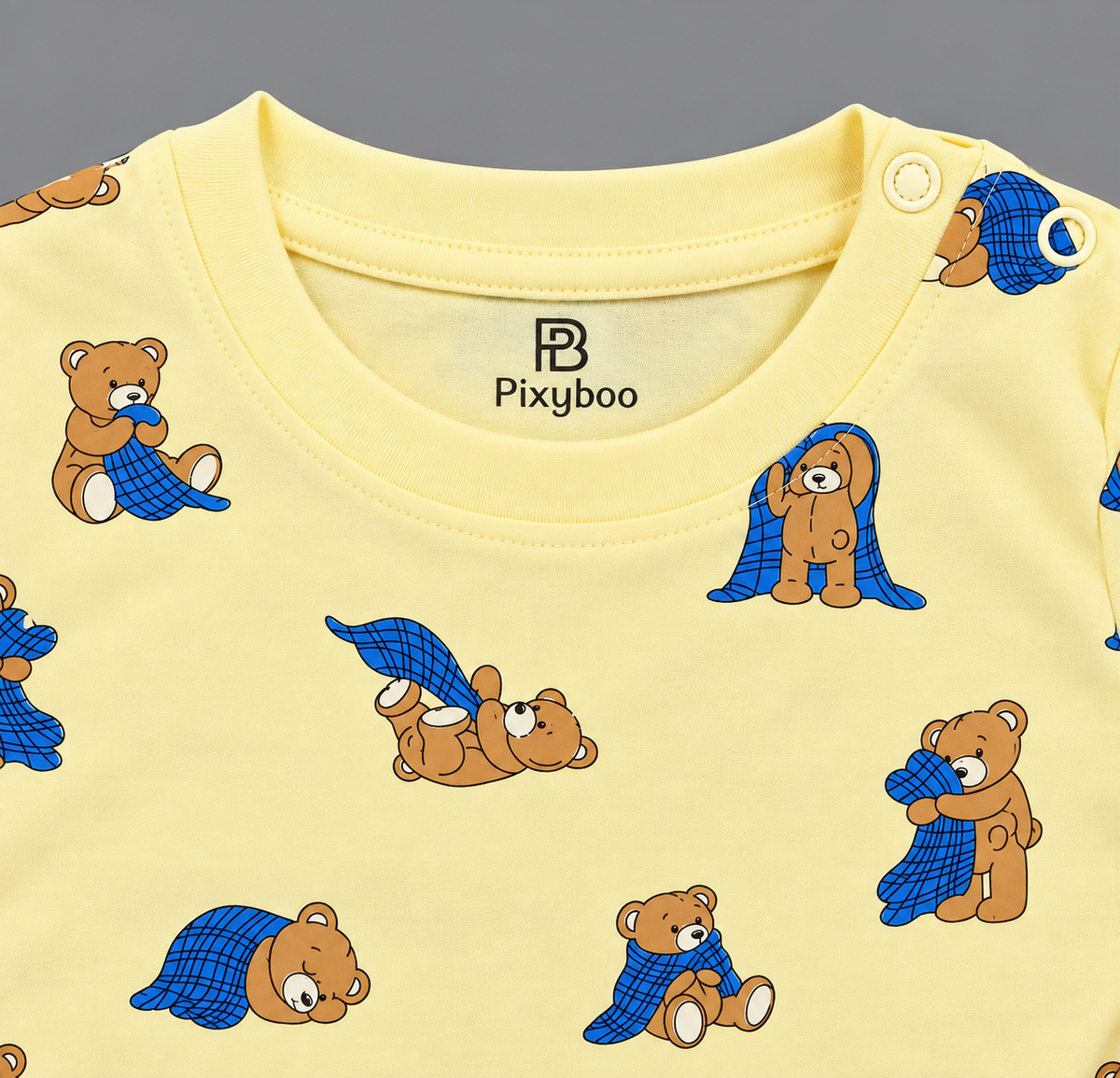 PixyBoo Baby Yellow Teddy Bear Print Full Sleeve Top, Pants & Cap Set – 3 Months to 2 Years