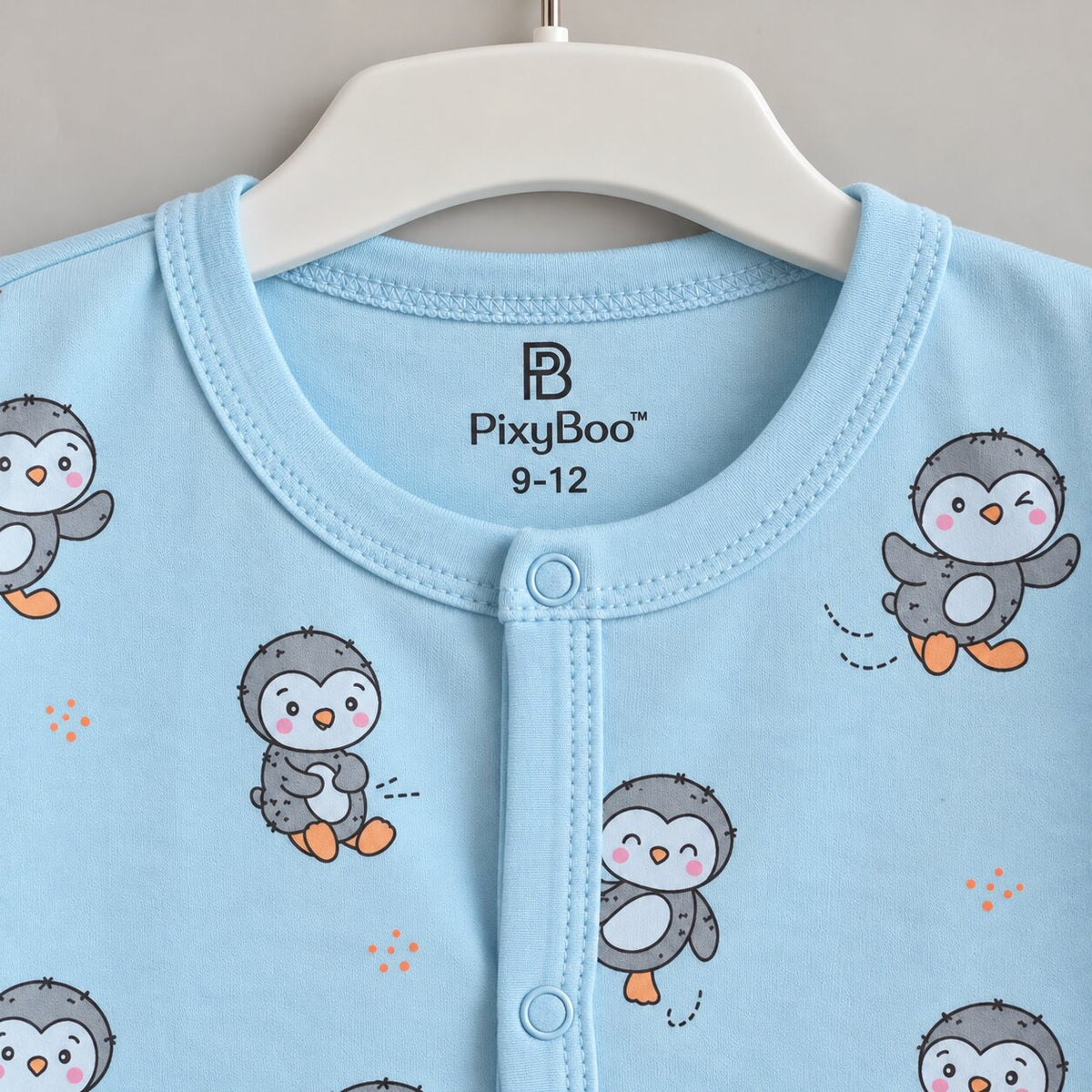 PixyBoo Powder Blue Penguin Printed Full Sleeve Footed Sleepsuit
