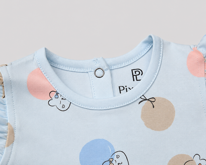 PixyBoo Balloon Print Baby Girls Frock with Bloomer Set | 100% Cotton Interlock Dress | 0-24 Months