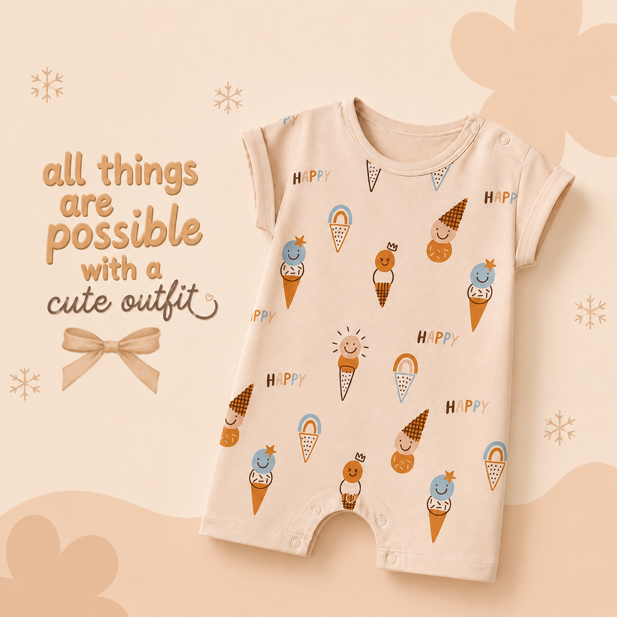 PixyBoo Happy Ice Cream Print Baby Romper | Cotton Interlock  Onesie | 0-12 Months
