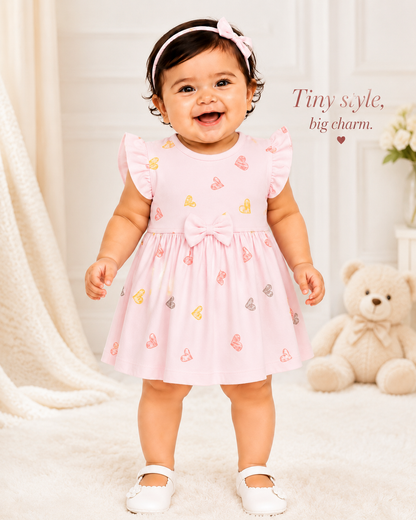 PixyBoo Heart Print Baby Girls Frock with Bloomer Set | 100% Cotton Interlock | Soft Dress | 0-24 Months