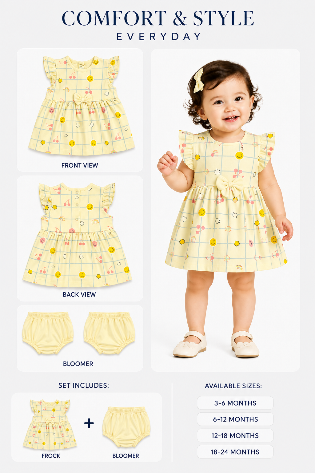 PixyBoo Smiley Grid Print Baby Girls Frock with Bloomer Set | 100% Cotton Interlock | 0-24 Months