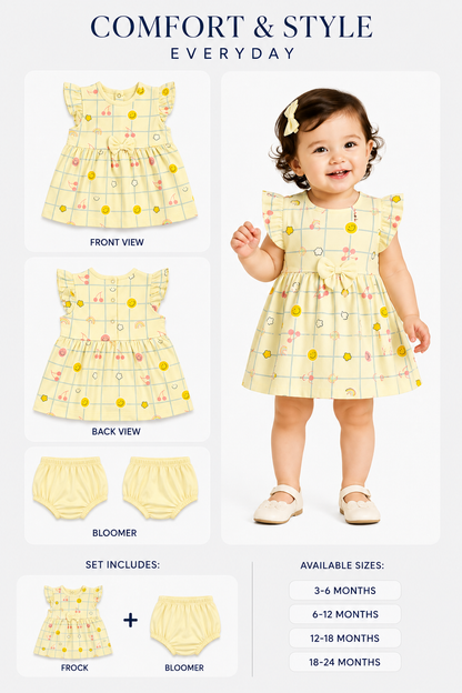 PixyBoo Smiley Grid Print Baby Girls Frock with Bloomer Set | 100% Cotton Interlock | 0-24 Months
