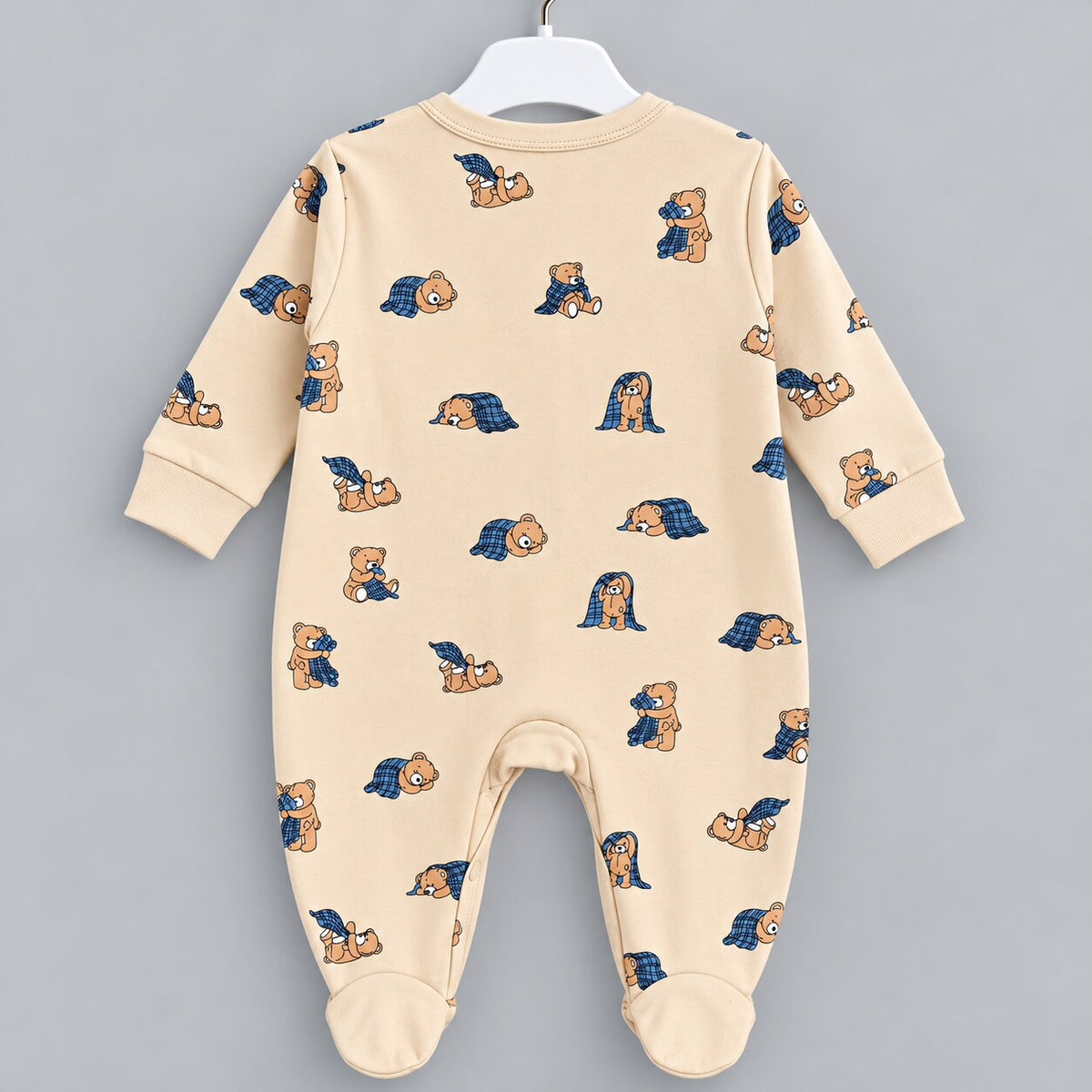 PixyBoo Cream Teddy Bear Printed Full Sleeve Footed Sleepsuit