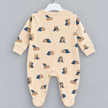 PixyBoo Cream Teddy Bear Printed Full Sleeve Footed Sleepsuit