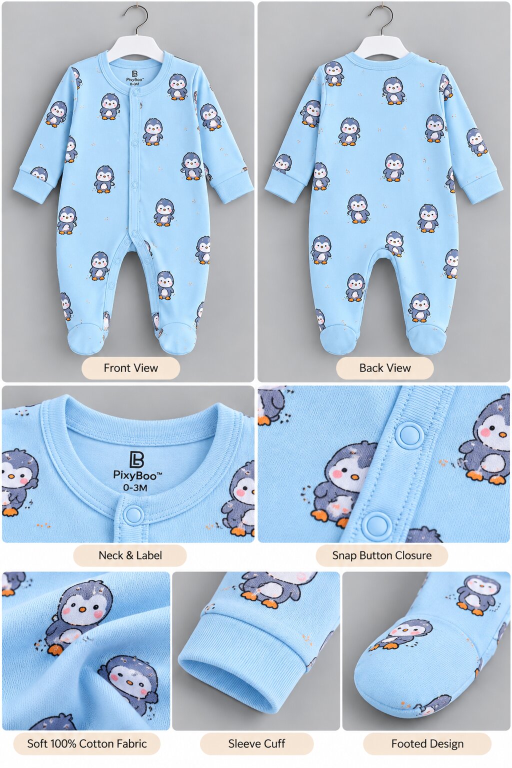 PixyBoo Powder Blue Penguin Printed Full Sleeve Footed Sleepsuit