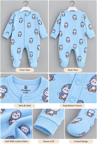 PixyBoo Powder Blue Penguin Printed Full Sleeve Footed Sleepsuit