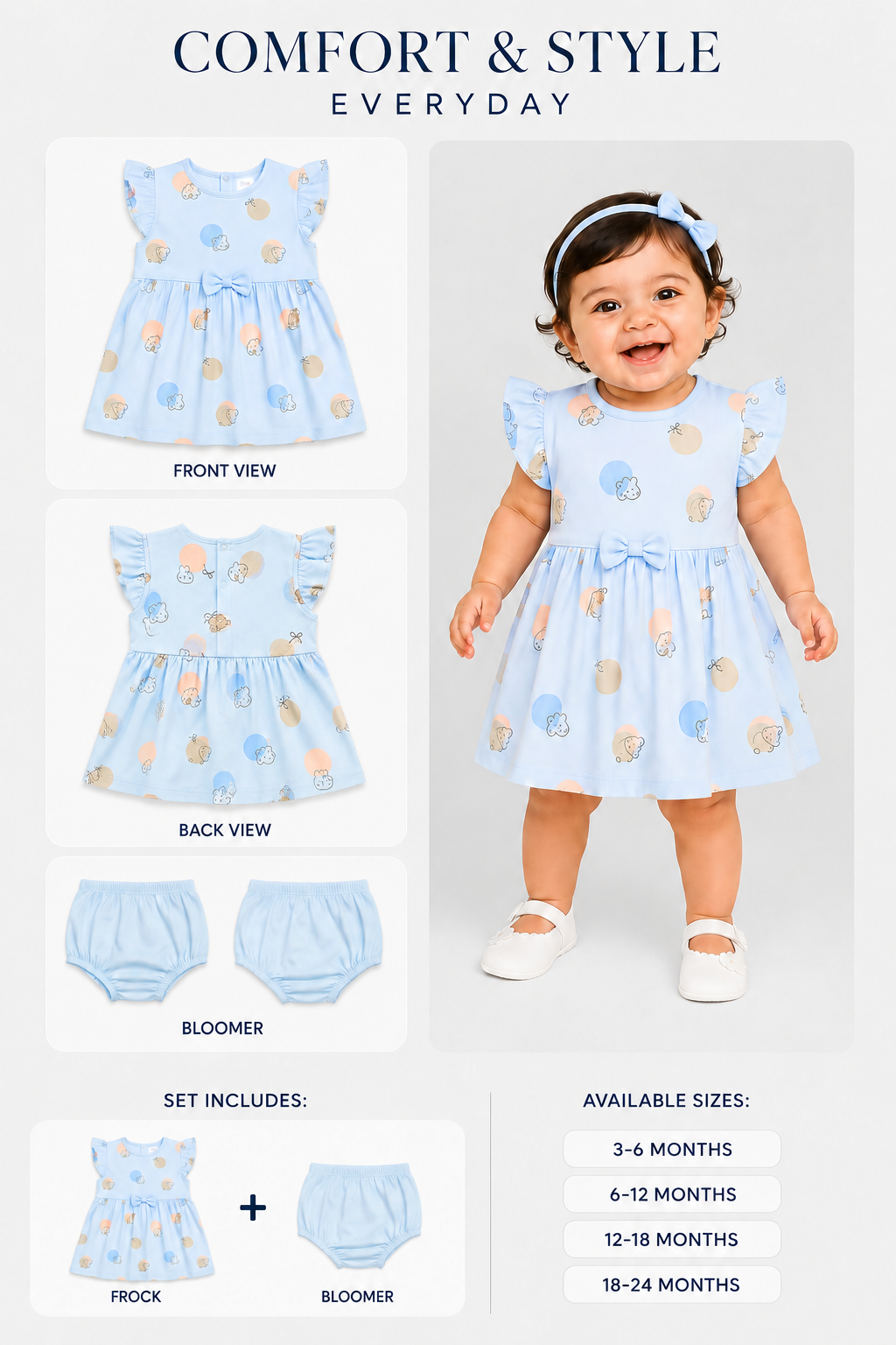 PixyBoo Balloon Print Baby Girls Frock with Bloomer Set | 100% Cotton Interlock Dress | 0-24 Months