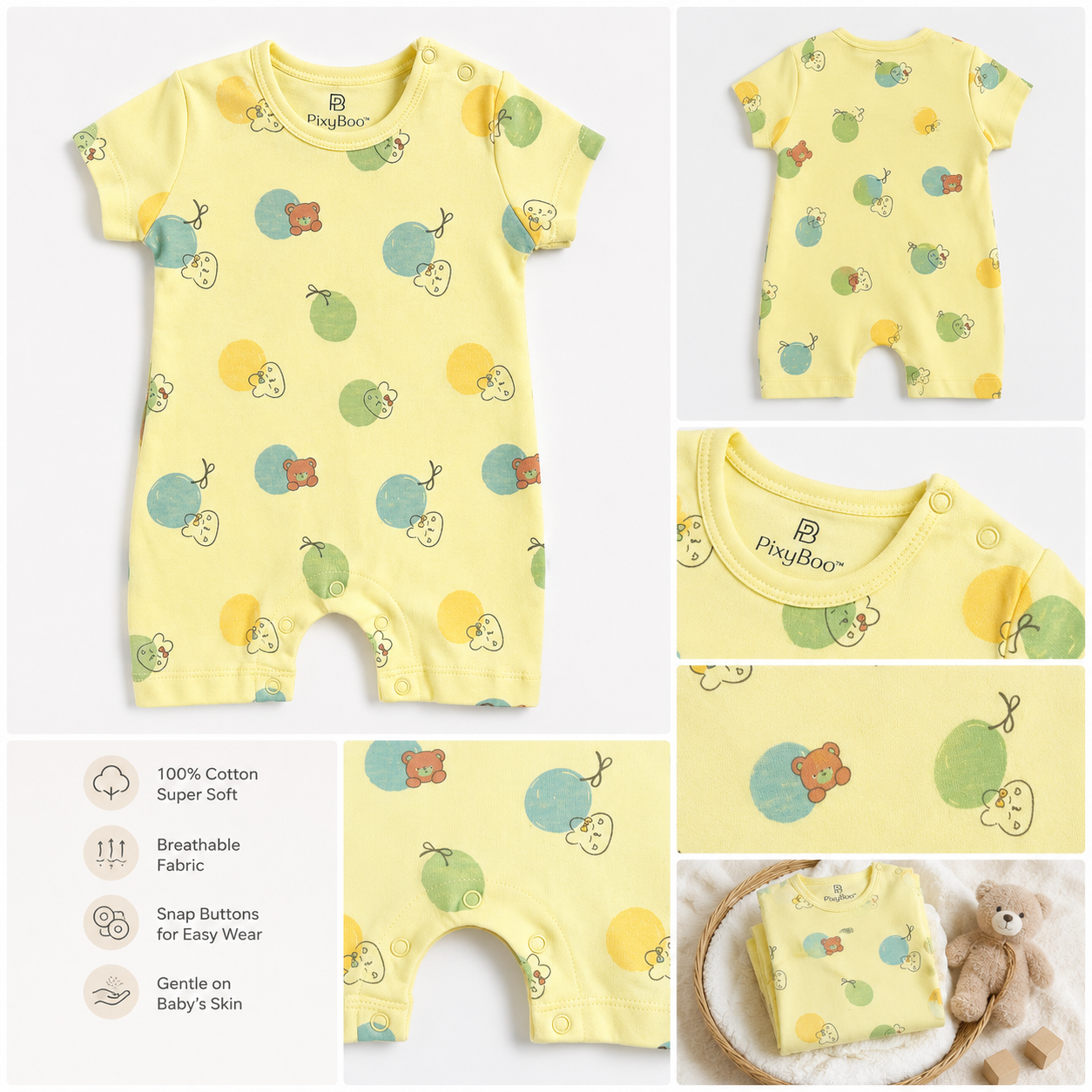 PixyBoo Balloon Print Baby Romper | 100% Cotton Interlock | Half Sleeve Onesie | 0-12 Months