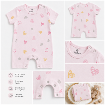 PixyBoo Heart Print Baby Romper | 100% Cotton Interlock | Half Sleeve Onesie | 0-12 Months