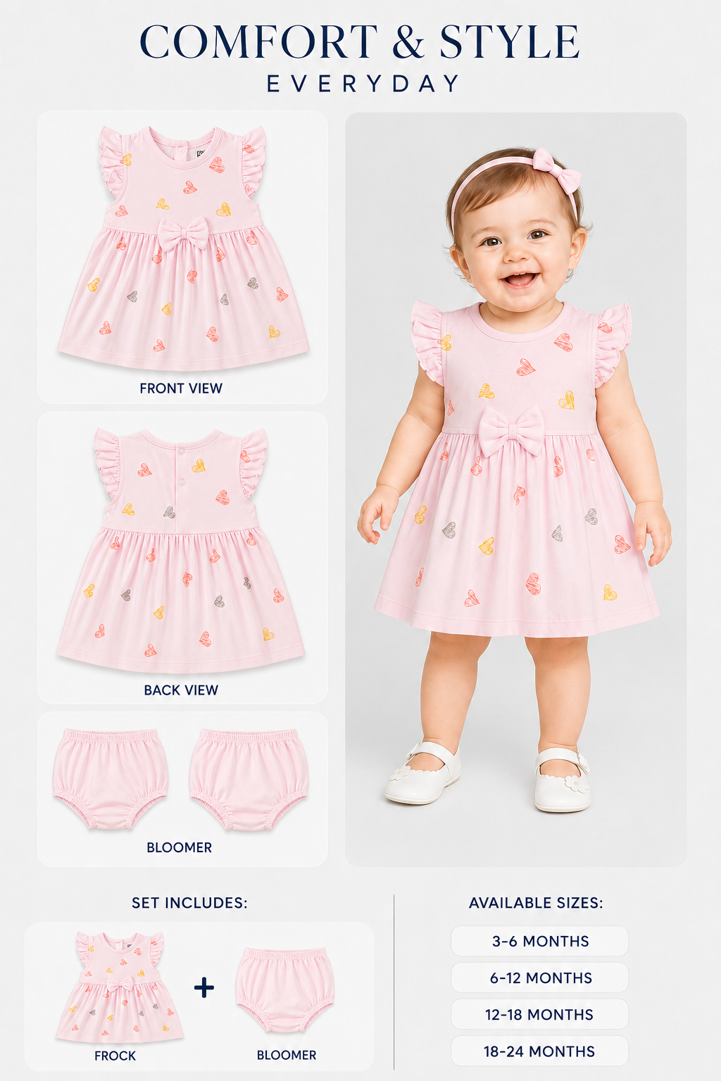 PixyBoo Heart Print Baby Girls Frock with Bloomer Set | 100% Cotton Interlock | Soft Dress | 0-24 Months