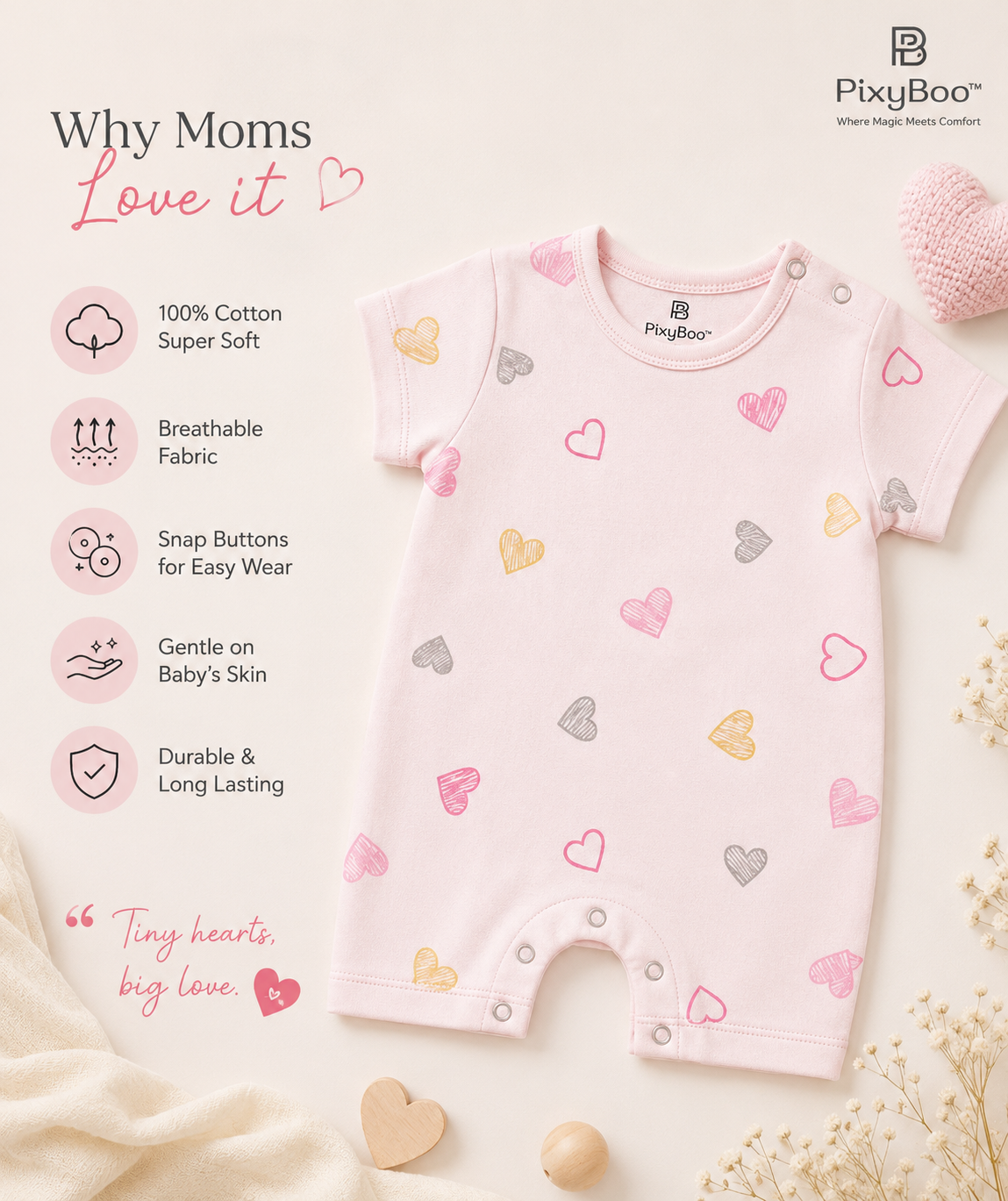 PixyBoo Heart Print Baby Romper | 100% Cotton Interlock | Half Sleeve Onesie | 0-12 Months