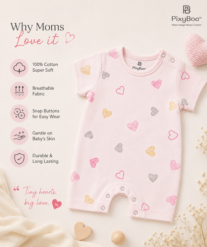 PixyBoo Heart Print Baby Romper | 100% Cotton Interlock | Half Sleeve Onesie | 0-12 Months