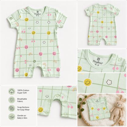 PixyBoo Smiley Grid Print Baby Romper | 100% Cotton Interlock | Half Sleeve Onesie | 0-12 Months