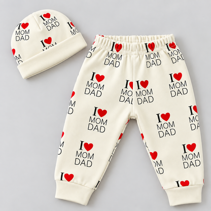 PixyBoo Baby I Love Mom Dad Heart Print Top, Pants & Cap Set – 3 Months to 2 Years