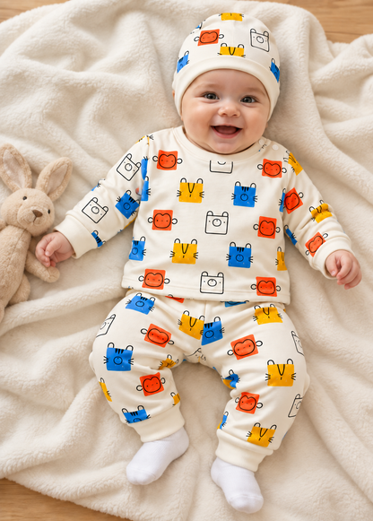 PixyBoo Baby Animal Print Full Sleeve Top, Pants & Cap Set – 3 Months to 2 Years