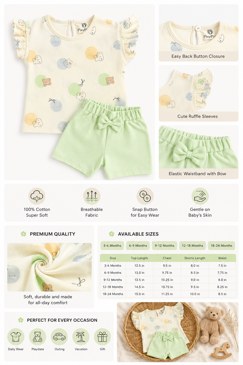 PixyBoo Balloon Print Baby Girls Co-ord Set | Cotton Interlock Top & Shorts | 0-24 Months