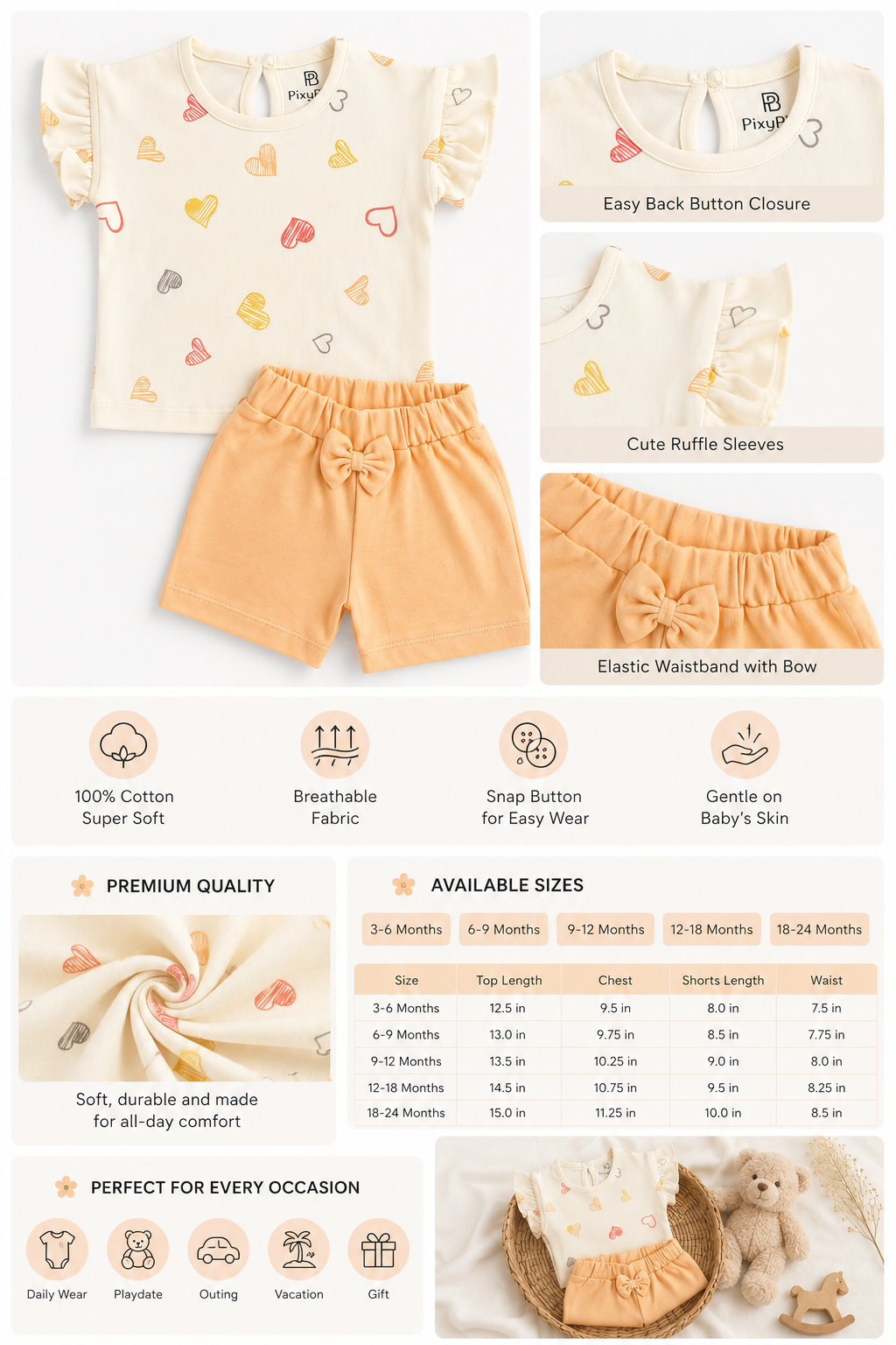 PixyBoo Heart Print Baby Girls Co-ord Set | Cotton Interlock Top & Shorts | 0-24 Months