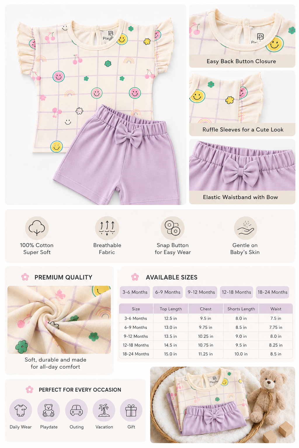 PixyBoo Smiley Grid Baby Girls Co-ord Set | Cotton Interlock Top & Shorts | 0-24 Months