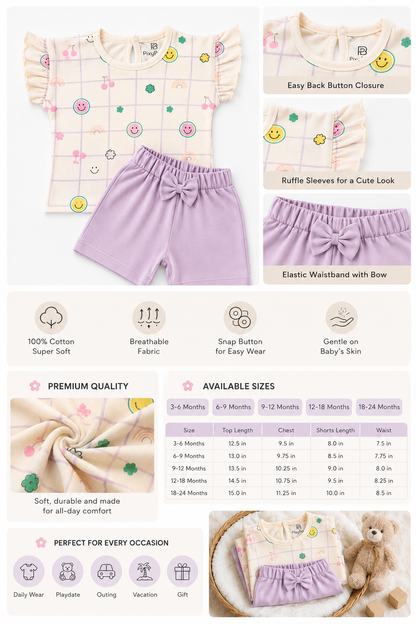 PixyBoo Smiley Grid Baby Girls Co-ord Set | Cotton Interlock Top & Shorts | 0-24 Months