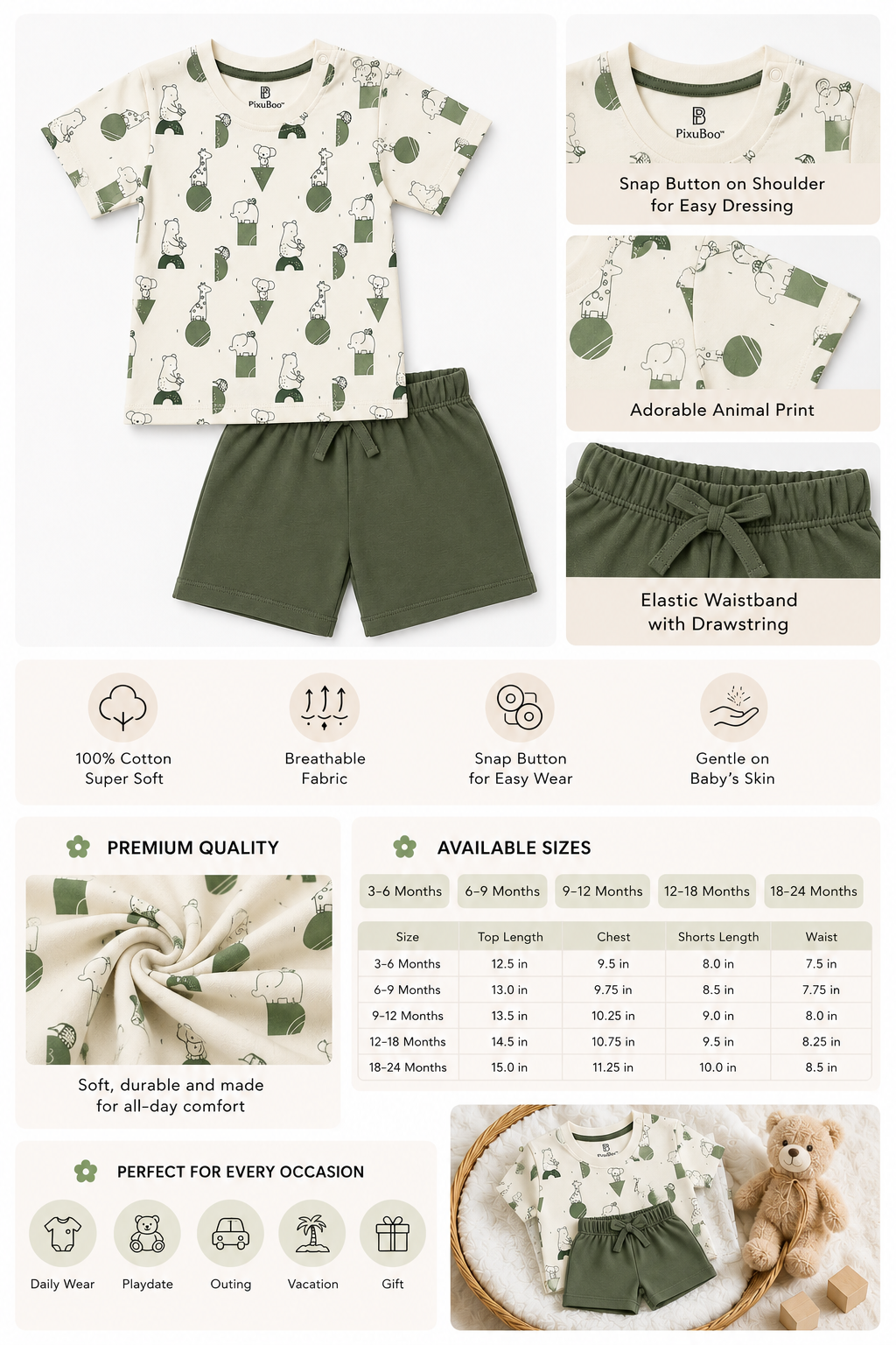 PixyBoo Olive Animal Print Baby Boys Co-ord Set | Cotton Interlock T-Shirt & Shorts | 0-24 Months