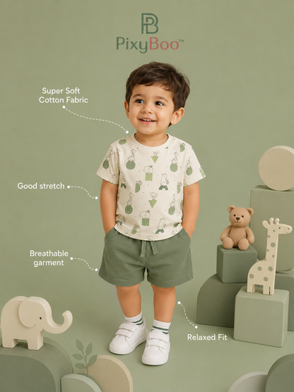 PixyBoo Olive Animal Print Baby Boys Co-ord Set | Cotton Interlock T-Shirt & Shorts | 0-24 Months