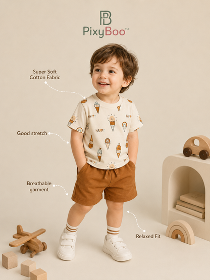 PixyBoo Happy Ice Cream Print Baby Boys Co-ord Set | 100% Cotton Interlock T-Shirt & Shorts | 0-24 Months