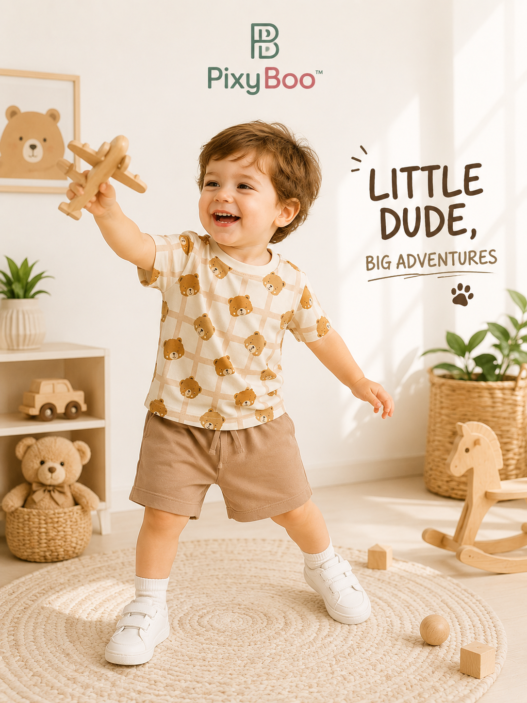 PixyBoo Teddy Bear Print Baby Boys Co-ord Set | Cotton Interlock T-Shirt & Shorts | 0-24 Months