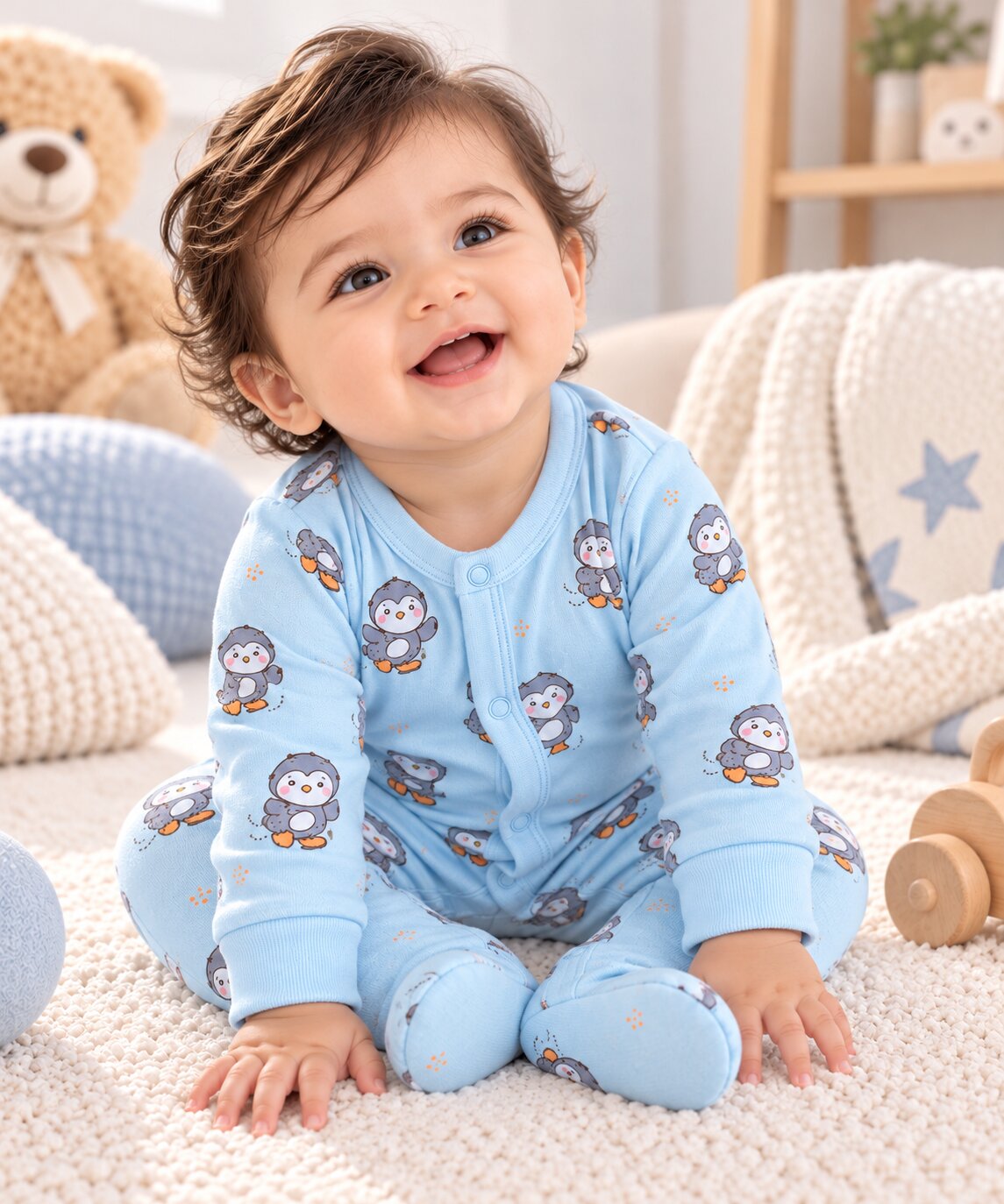 PixyBoo Powder Blue Penguin Printed Full Sleeve Footed Sleepsuit