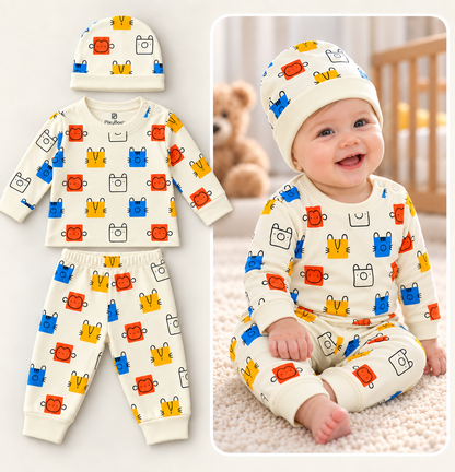 PixyBoo Baby Animal Print Full Sleeve Top, Pants & Cap Set – 3 Months to 2 Years