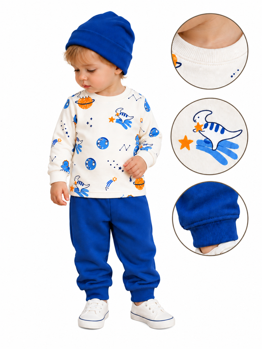 PixyBoo Baby Space Print Full Sleeve Top, Blue Pants & Cap Set – 3 Months to 2 Years